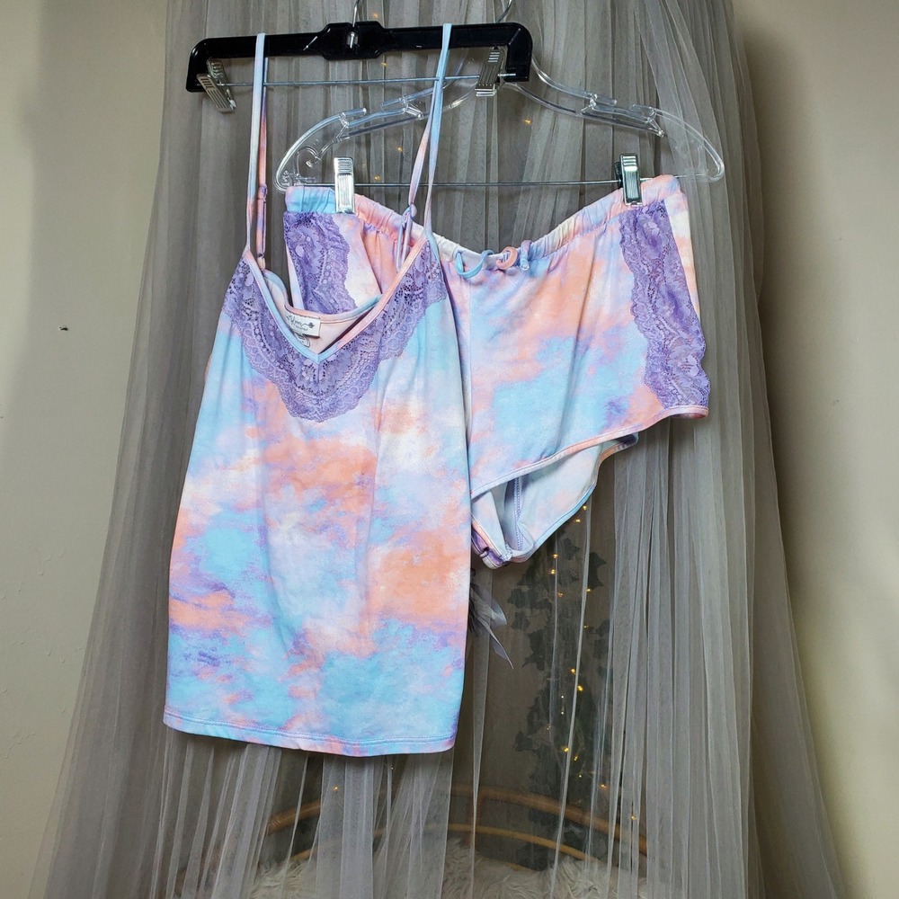 In Bloom by Jonquil Pastel Dollcore Tie Dye Lace PJ Set Cami and Shorts Size L
